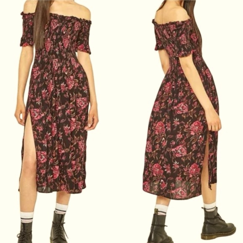 Kimchi Blue Black Pink Floral Midi Dress Smocked Bodice Off-the-Shoulder Slit